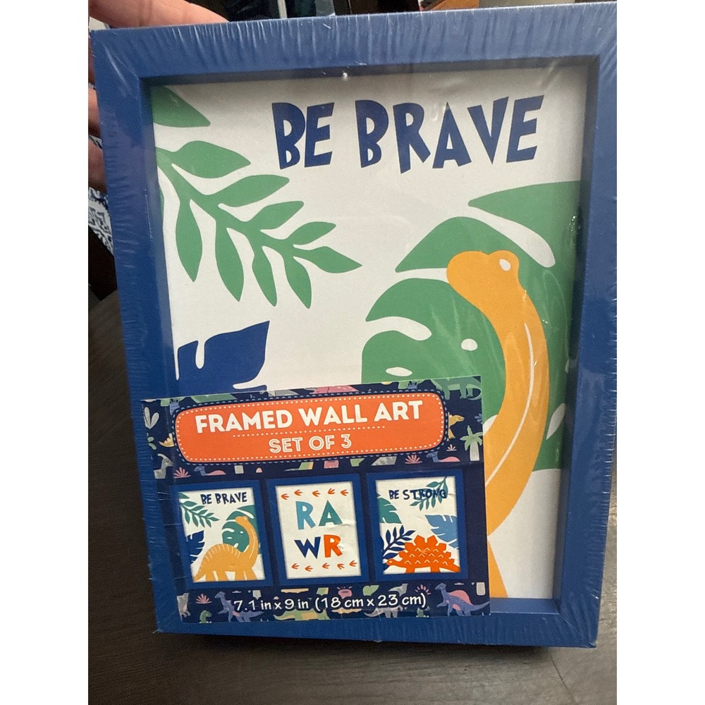 Dinosaur Framed Wall Art Set of‎ 3 Be Brave Rawr Be Strong Blue 7x9 Kids Decor